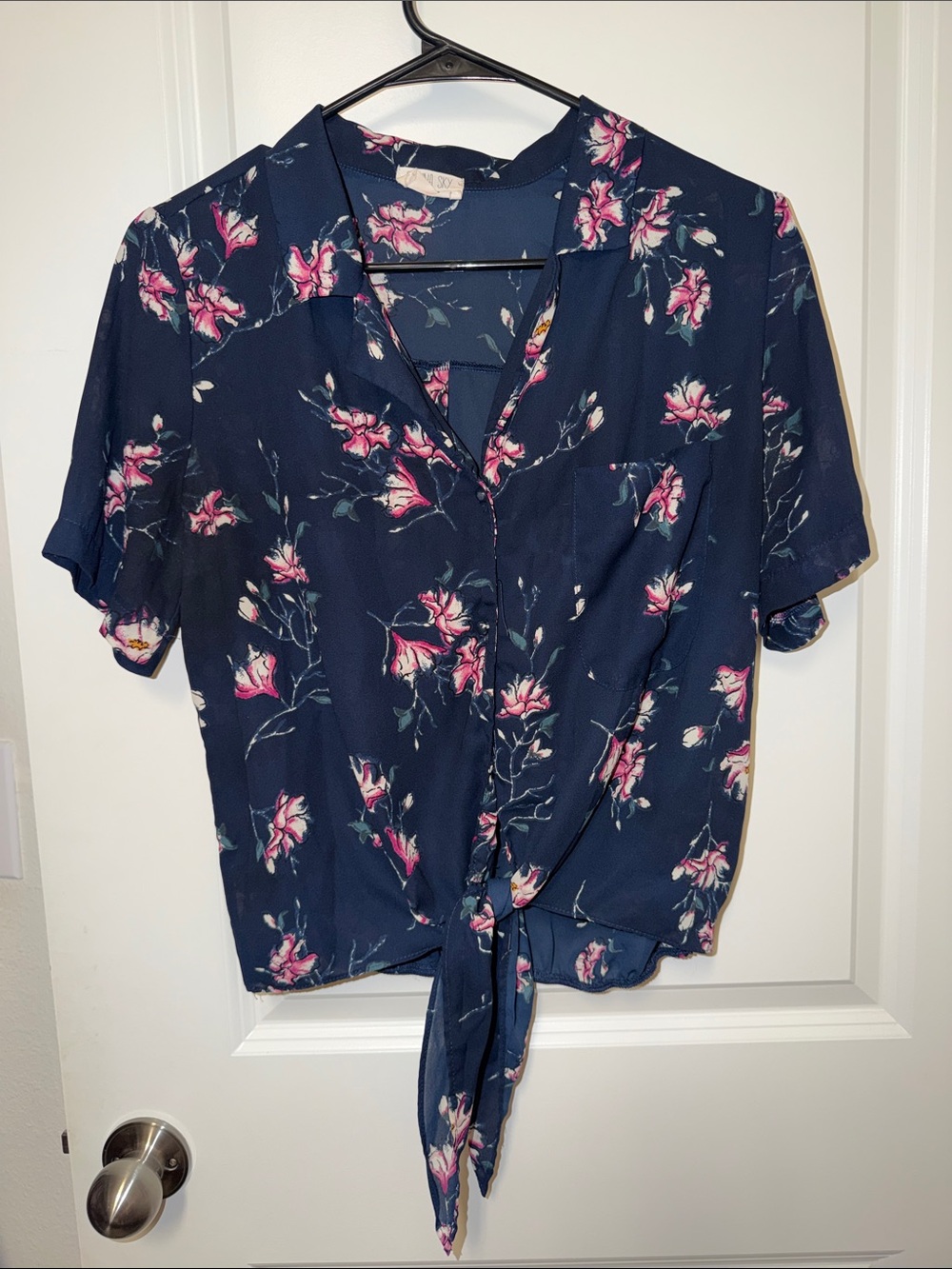 Navy Floral Tie-Front Blouse